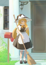 Rule 34 | 1girl, :/, apron, black hat, black skirt, black socks, black vest, blonde hair, blouse, bow, bowtie, braid, broom, building, bush, casterluex, closed mouth, commentary, door, frilled skirt, frills, full body, grass, hat, hat bow, highres, holding, holding broom, holding letter, house, kirisame marisa, lantern, letter, light blush, long hair, mailbox (incoming mail), mary janes, plant, puffy short sleeves, puffy sleeves, reading, shirt, shoes, short sleeves, single braid, skirt, skirt set, socks, solo, standing, touhou, very long hair, vest, vines, waist apron, white apron, white bow, white shirt, white socks, window, witch hat, yellow bow, yellow bowtie, yellow eyes