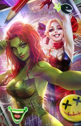 Rule 34 | 2girls, :d, arm up, blonde hair, bodysuit, bomb, breasts, colored skin, cover, cover page, dc comics, dcwj, explosive, eyeliner, freckles, green leotard, green skin, grin, hair ribbon, harley quinn, highres, jumpsuit, leotard, lips, looking at viewer, makeup, mascara, medium breasts, multiple girls, nail polish, one eye closed, open mouth, outstretched arm, pale skin, parted bangs, pencil, poison ivy, red hair, red lips, ribbon, smile, thick thighs, thighs, twintails, x)