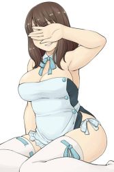 Rule 34 | 1girl, apron, armpits, bow, bowtie, breasts, brown hair, cleavage, covering privates, covering face, covering own eyes, curvy, dream c club, dream c club (series), hinemosu notari, kneeling, large breasts, panties, plump, side-tie panties, smile, solo, thighhighs, underwear, waitress, white thighhighs