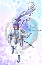 Rule 34 | 1boy, anniversary, blue background, blue bodysuit, bodysuit, character name, commentary, closed eyes, floating hair, floral background, full body, hair ornament, hair stick, headphones, high heels, highres, kamui gakupo, katana, long hair, male focus, ponytail, purple background, purple hair, robe, samurai, sheath, sheathed, shigure (sgr0), shoulder pads, smile, solo, sword, two-tone background, unsheathing, very long hair, vocaloid, weapon, white robe