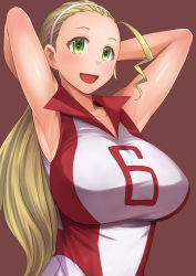 Rule 34 | 1girl, armpits, arms behind head, blonde hair, breasts, brown background, commentary, girls und panzer, hair pulled back, hairband, kokuriu, large breasts, long hair, looking at viewer, open mouth, ponytail, red shirt, sasaki akebi, shirt, simple background, sleeveless, sleeveless shirt, smile, solo, sportswear, upper body, volleyball uniform, white hairband, yellow eyes