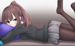 Rule 34 | 1girl, black shirt, blush, breasts, brown hair, brown pantyhose, commentary request, green eyes, grey skirt, high ponytail, legs up, long hair, looking at viewer, looking to the side, lying, medium breasts, no shoes, hugging object, on stomach, open mouth, original, pantyhose, pillow, pillow hug, pleated skirt, ponytail, shirt, skirt, soles, solo, yoye (pastel white)