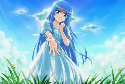 Rule 34 | 1girl, blue eyes, blue hair, cloud, day, dress, grass, hand on own chest, light smile, long hair, matching hair/eyes, pirano, reaching, sky, solo, very long hair