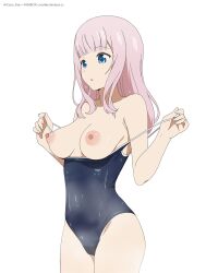 Rule 34 | 1girl, :o, absurdres, black one-piece swimsuit, blue eyes, blue one-piece swimsuit, blunt bangs, breasts, clothes pull, competition school swimsuit, coro fae, cowboy shot, derivative work, fanbox username, fujiwara chika, highres, kaguya-sama wa kokurasetai ~tensai-tachi no renai zunousen~, large breasts, long hair, looking ahead, nipples, one-piece swimsuit, one-piece swimsuit pull, open mouth, paid reward available, parted lips, pink hair, pulled by self, school swimsuit, sidelocks, simple background, solo, standing, steam, swimsuit, twitter username, watermark, web address, wet, white background