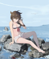 Rule 34 | 1girl, absurdres, bikini, bikini top only, bird, black bikini, blue eyes, braid, breasts, brown hair, closed mouth, commentary, crab, day, female focus, full body, hair between eyes, hair flaps, hair ornament, hair ribbon, highres, kantai collection, long hair, ocean, official alternate costume, outdoors, red ribbon, ribbon, rock, sailor bikini, sailor collar, saltyfishtigris, shigure (kancolle), shigure kai ni (kancolle), shorts, single braid, sitting, sky, small breasts, solo, swimsuit, symbol-only commentary, thighs, water, white shorts, wind