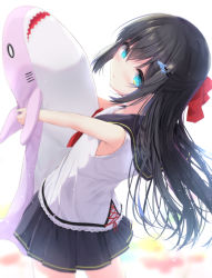 Rule 34 | 1girl, :o, bare arms, bare shoulders, black hair, black sailor collar, black skirt, blue eyes, blush, bow, commentary request, hair between eyes, hair bow, hair ornament, hairclip, holding, holding stuffed toy, kouda suzu, leaning back, long hair, looking at viewer, looking back, original, parted lips, pleated skirt, red bow, sailor collar, school uniform, serafuku, shirt, skirt, sleeveless, sleeveless shirt, solo, standing, stuffed animal, stuffed shark, stuffed toy, very long hair, white background, white shirt