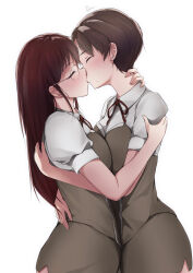 Rule 34 | 2girls, ass, blush, breast press, breasts, brown hair, closed eyes, cowboy shot, dermar, from side, glasses, hand on another&#039;s arm, hand on another&#039;s back, hand on another&#039;s neck, hand on another&#039;s waist, highres, hug, kiss, large breasts, long hair, misuzu (stainless night), mole, mole under mouth, multiple girls, neck ribbon, profile, puffy short sleeves, puffy sleeves, red hair, red ribbon, ribbon, round eyewear, sayaka (stainless night), school uniform, shirt, short hair, short sleeves, side slit, sidelocks, simple background, skirt, stainless night, standing, straight hair, white background, white shirt, yuri