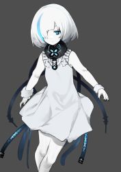 Rule 34 | 1girl, :/, azur lane, bare legs, black nails, blue eyes, blue hair, cable, closed mouth, colored skin, dress, expressionless, grey background, hair over one eye, highres, looking at viewer, multicolored hair, nail polish, pale skin, scrunchie, short hair, simple background, skiy mdgc, sleeveless, sleeveless dress, solo, standing, streaked hair, swept bangs, tb (azur lane), white dress, white hair, white skin, wrist scrunchie