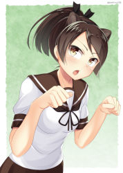Rule 34 | 10s, 1girl, animal ears, bad id, bad pixiv id, brown eyes, brown hair, cat ears, chestnut mouth, clenched hand, kankitsunabe (citrus), kantai collection, leaning forward, open mouth, paw pose, ponytail, school uniform, serafuku, shikinami (kancolle), short hair, solo, standing