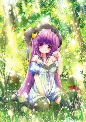 Rule 34 | 1girl, alternate costume, arm garter, arm up, bare shoulders, between legs, black ribbon, black thighhighs, blush, book, breasts, catbell, cleavage, collarbone, crescent, crescent hair ornament, crescent moon, dappled sunlight, day, dress, female focus, grass, hair ornament, hair ribbon, hand between legs, hat, long hair, looking at viewer, md5 mismatch, medium breasts, mob cap, moon, nature, outdoors, patchouli knowledge, purple hair, red eyes, ribbon, sitting, smile, solo, sunlight, thighhighs, touhou, tree, tress ribbon, very long hair, wariza