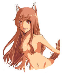 Rule 34 | 00s, 1girl, animal ears, bad deviantart id, bad id, censored, convenient censoring, face, fang, hair censor, hair over breasts, holo, long hair, nude, ochakai shin&#039;ya, pureazn, red hair, smile, solo, spice and wolf, tail, wolf ears, wolf tail
