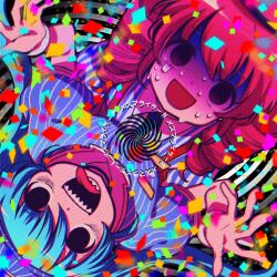 Rule 34 | 2girls, black necktie, blue dress, blue hair, collared shirt, commentary, confetti, dress, drill hair, empty eyes, from above, hatsune miku, kasane teto, long hair, looking up, mesmerizer (vocaloid), multiple girls, necktie, open mouth, pink eyes, pink hair, pinstripe dress, pinstripe pattern, puffy short sleeves, puffy sleeves, shirt, short sleeves, smile, sougetsu@kanon, striped clothes, striped shirt, twin drills, twintails, utau, very long hair, vocaloid