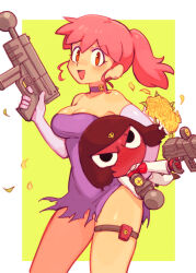 Rule 34 | 1boy, 1girl, batrobin k, blush, bouquet, breasts, brown eyes, character request, cleavage, dress, earrings, elbow gloves, eyeshadow, flower, giroro, gloves, gun, highres, hinata natsumi, holding, holding gun, holding weapon, jewelry, keroro gunsou, large breasts, looking at viewer, makeup, open mouth, pink hair, purple dress, purple eyeshadow, short ponytail, smile, stud earrings, weapon, white gloves