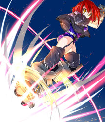 Rule 34 | 00s, 1girl, ass, boots, breasts, clenched teeth, female focus, inline skates, jacket, lyrical nanoha, mad (hazukiken), mahou shoujo lyrical nanoha, mahou shoujo lyrical nanoha strikers, nove (nanoha), numbers (nanoha), red hair, roller skates, skates, solo, sparks, teeth, thigh boots, thighhighs, yellow eyes