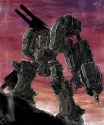 Rule 34 | armored core, armored core 6, gun, mecha, mecha focus, missile pod, no humans, pile bunker, raven (armored core 6), red skies, robot, shoulder cannon, smoke, solo, weapon