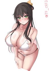 Rule 34 | 1girl, alternate costume, bikini, black hair, blush, breasts, collarbone, cowboy shot, fang, hair between eyes, hair ribbon, highres, huge breasts, kantai collection, long hair, looking at viewer, multicolored hair, naganami (kancolle), navel, one-hour drawing challenge, open mouth, pink hair, ribbon, smile, solo, swimsuit, tf cafe, twitter username, two-tone hair, wavy hair, white background, white bikini, yellow eyes