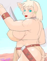 Rule 34 | 1girl, breasts, earrings, female orc, jewelry, large breasts, loincloth, looking at viewer, orc, plump, scar, sword, trump (team shuffle), weapon