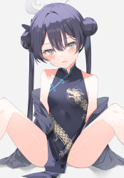 Rule 34 | 1girl, absurdres, black dress, black hair, black jacket, blue archive, blush, breasts, butterfly hair ornament, china dress, chinese clothes, commentary, double bun, dragon print, dress, grey background, grey eyes, hair between eyes, hair bun, hair ornament, halo, highres, jacket, kisaki (blue archive), long hair, looking at viewer, pelvic curtain, print dress, saliva, simple background, sitting, sleeveless, sleeveless dress, small breasts, solo, spread legs, striped clothes, striped jacket, sutei (arece15), sweatdrop, thighs, twintails, vertical-striped clothes, vertical-striped jacket