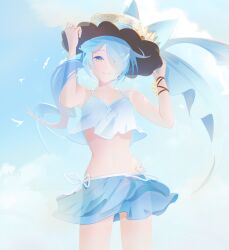 Rule 34 | 1girl, arc the lad, bird, blue skirt, blue sky, bow, closed mouth, cloud, cofffee, hair over one eye, hat, hat bow, highres, long hair, looking at viewer, outdoors, protected link, seagull, sia (arc the lad), skirt, sky, smile, solo, swimsuit, yellow eyes