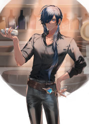 Rule 34 | 1boy, alternate costume, black pants, black shirt, blue eyes, blue hair, bottle, closed mouth, cocktail shaker, commentary request, cup, earrings, eyepatch, genshin impact, highres, hiiro (coinxtossxdive), holding, holding cup, jewelry, kaeya (genshin impact), long hair, looking at viewer, male focus, pants, shirt, single earring, solo