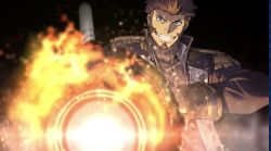 Rule 34 | 1boy, beard, blue eyes, brown hair, epaulettes, facial hair, fate/grand order, fate (series), fighting stance, highres, huge weapon, long sideburns, long sleeves, looking at viewer, male focus, military, muscular, napoleon bonaparte (fate), official art, pectorals, ryota-h, scar, simple background, smile, solo, third-party source, uniform, upper body, weapon