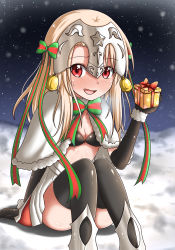 Rule 34 | 1girl, bell, blush, bow, bowtie, capelet, cosplay, elbow gloves, embarrassed, fate/grand order, fate/kaleid liner prisma illya, fate (series), gift, gloves, hair ribbon, headpiece, illyasviel von einzbern, jeanne d&#039;arc alter (fate), jeanne d&#039;arc (fate), jeanne d&#039;arc alter santa lily (fate), jeanne d&#039;arc alter santa lily (fate) (cosplay), looking at viewer, night, night sky, red eyes, ribbon, sky, snow, snowing, solo, the dark, thighhighs, white hair
