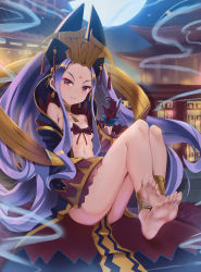 Rule 34 | 1girl, architecture, ass, bare shoulders, barefoot, breasts, chiwa (tsugumisky), clothes between thighs, crown, earrings, east asian architecture, fate/grand order, fate (series), feet, full moon, gloves, jewelry, long hair, looking at viewer, moon, navel, pelvic curtain, purple eyes, purple gloves, purple hair, sitting, smile, soles, solo, toes, very long hair, wu zetian (fate)