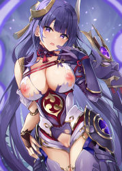 Rule 34 | 1girl, bad id, bad pixiv id, breasts, censored, doll joints, eric (tianqijiang), genshin impact, gold trim, hair ornament, highres, joints, large breasts, long hair, looking at viewer, mole, mole under eye, mosaic censoring, nipples, open mouth, purple eyes, purple hair, pussy, raiden shogun, raiden shogun (magatsu mitake narukami no mikoto), solo, thighs, torn clothes, very long hair
