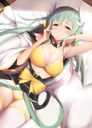 Rule 34 | 1girl, arm up, armpits, bare arms, bare shoulders, bed, bed sheet, bikini, blush, bow, bow bikini, breasts, cleavage, closed mouth, collarbone, commentary request, detached collar, dragon horns, dutch angle, fate/grand order, fate (series), from above, green hair, hair between eyes, hair bow, hair ribbon, half-closed eyes, hand up, head tilt, highres, horns, indoors, japanese clothes, kimono, kiyohime (fate), kiyohime (fate/grand order), kiyohime (swimsuit lancer) (fate), kiyohime (swimsuit lancer) (first ascension) (fate), large breasts, long hair, long sleeves, looking at viewer, lying, maosame, obi, on back, on bed, open clothes, open kimono, ribbon, sash, shade, smile, solo, strap slip, sunlight, swimsuit, thigh gap, thighhighs, white bow, white kimono, white thighhighs, wide sleeves, yellow bikini, yellow eyes, yellow ribbon