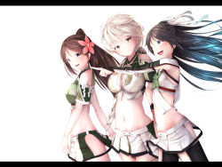 Rule 34 | 10s, 3girls, amagi (kancolle), bad id, bad pixiv id, bare shoulders, black hair, braid, breasts, bridal gauntlets, brown eyes, brown hair, cleavage, crop top, flower, grey eyes, hair flower, hair ornament, hair ribbon, hip vent, kantai collection, katsuragi (kancolle), large breasts, letterboxed, long hair, midriff, miniskirt, multiple girls, navel, open mouth, pointing, pointing forward, ponytail, rerrere, ribbon, silver hair, skirt, small breasts, smile, unryuu (kancolle), very long hair, wind