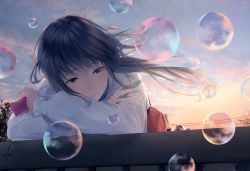 Rule 34 | 1girl, bag, blouse, blue eyes, blue hair, blue sky, bubble, bubble pipe, closed mouth, cloud, cloudy sky, crossed arms, floating hair, holding, leaning on object, long hair, long sleeves, looking at viewer, original, outdoors, school bag, shirt, shoulder bag, sky, solo, sousou (sousouworks), sunset, upper body, white shirt
