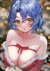 Rule 34 | 1girl, blue hair, blush, bouquet, breasts, c (theta), cleavage, dark blue hair, dress, flower, fur-trimmed dress, fur trim, highres, idolmaster, idolmaster million live!, large breasts, looking at viewer, red dress, red ribbon, ribbon, short hair, skindentation, solo, toyokawa fuka, upper body, yellow eyes