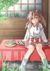 Rule 34 | 1girl, brown eyes, commentary request, cup, hakama, hakama shorts, high ponytail, highres, japanese clothes, kantai collection, long hair, red shorts, shorts, sitting, smile, socks, solo, sosorin, tabi, tray, white socks, window, yunomi, zuihou (kancolle)