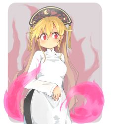 Rule 34 | 1girl, alternate color, alternate costume, blonde hair, china dress, chinese clothes, commentary request, dress, energy, hair between eyes, ini (inunabe00), junko (touhou), long sleeves, red eyes, side slit, solo, tassel, touhou, vietnamese dress, wavy mouth, white dress