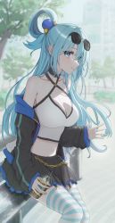 Rule 34 | 1girl, absurdres, alternate costume, aqua (konosuba), bare shoulders, black collar, black jacket, black skirt, blue eyes, blue hair, blue jacket, breasts, casual, chain, cleavage, closed mouth, collar, collarbone, commission, crop top, cup, disposable cup, drinking straw, eyewear on head, from side, garter straps, hair ornament, hair rings, halterneck, highres, holding, holding cup, hood, hooded jacket, icetea774, jacket, kono subarashii sekai ni shukufuku wo!, large breasts, long hair, looking at viewer, looking to the side, midriff, miniskirt, multicolored clothes, multicolored jacket, navel, on railing, open hand, outdoors, pixiv commission, pleated skirt, railing, sitting, skirt, smile, solo, stomach, striped clothes, striped thighhighs, sunglasses, thighhighs, tree, two-tone jacket
