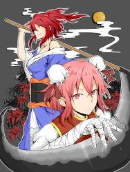 Rule 34 | 2girls, bandages, bow, breasts, bun cover, chinese clothes, cleavage, double bun, flower, grey background, hair bobbles, hair ornament, ibaraki kasen, ishimu, large breasts, moon, multiple girls, onozuka komachi, pink eyes, pink hair, red eyes, red hair, scythe, short hair, smile, tabard, touhou, twintails, two side up