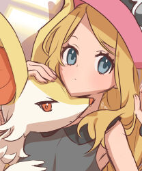 Rule 34 | 1girl, 1other, animal ear fluff, animal ears, animal nose, artist name, black shirt, blonde hair, blue eyes, blush, body fur, braixen, closed mouth, creatures (company), expressionless, flat chest, fox ears, furry, game freak, gen 6 pokemon, hand on another&#039;s head, hands up, hat, highres, hug, light blush, long hair, looking at viewer, nintendo, pokemon, pokemon (creature), pokemon xy, red eyes, red headwear, redcat13, serena (pokemon), shirt, sidelocks, signature, sketch, sleeveless, sleeveless shirt, snout, two-tone fur, upper body, white fur, yellow fur