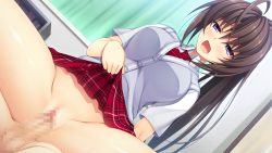 Rule 34 | 1girl, antenna hair, asami asami, ashiya suzuka, blush, breasts, brown hair, censored, clothed female nude male, clothes lift, curtains, game cg, girl on top, large breasts, legs, long hair, looking away, lying, mosaic censoring, no panties, nude, open mouth, penis, plaid, plaid skirt, ponytail, pretty x cation 2, purple eyes, pussy, saliva, school uniform, sex, sitting, sitting on person, skirt, skirt lift, solo focus, spread legs, thighs, vaginal