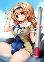 Rule 34 | 1girl, bird, blue sky, breasts, brown eyes, cloud, day, hairband, i-26 (kancolle), kantai collection, large breasts, light brown hair, long hair, machinery, md5 mismatch, name tag, new school swimsuit, one-piece swimsuit, open clothes, revision, rock, ruri rarako, sailor collar, school swimsuit, seagull, short sleeves, sitting, sky, solo, swimsuit, swimsuit under clothes, torpedo, two-tone hairband, water, white background