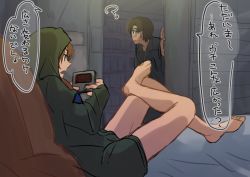 Rule 34 | 1boy, 1girl, aida kensuke, bed, blue eyes, brown eyes, brown hair, comic, evangelion: 3.0+1.0 thrice upon a time, glasses, grin, handheld game console, highres, hood, hooded jacket, jacket, legs, long sleeves, neon genesis evangelion, rebuild of evangelion, sitting, smile, souryuu asuka langley, speech bubble, standing, talking, translation request