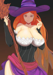 Rule 34 | 1girl, black background, breasts, brown background, brown eyes, cleavage, detached sleeves, dragon&#039;s crown, dress, fingernails, gradient background, hat, highres, huge breasts, kkun88, long fingernails, long hair, looking at viewer, red hair, sash, smile, solo, sorceress (dragon&#039;s crown), staff, strapless, strapless dress, thighs, very long hair, witch hat