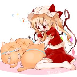 Rule 34 | 1girl, ascot, bad id, bad twitter id, bare legs, barefoot, blonde hair, bow, cat, dated, fang, flandre scarlet, gotou (nekocat), hat, hat bow, long hair, mob cap, music, musical note, one side up, open mouth, pointy ears, red bow, red skirt, singing, sitting, skirt, skirt set, smile, solo, touhou, vest, wariza, white background, white hat, wings