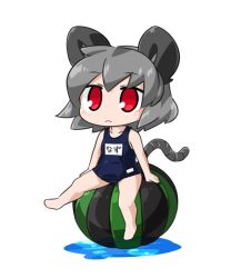 Rule 34 | 1girl, alternate costume, animal ears, ball, beachball, byourou, chibi, food, fruit, grey hair, mouse ears, mouse tail, nazrin, one-piece swimsuit, red eyes, school swimsuit, short hair, solo, swimsuit, tail, touhou, watermelon