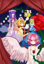 Rule 34 | 4girls, absurdres, aisee, alice margatroid, alternate costume, apron, bad id, bad pixiv id, bird wings, blonde hair, blood, blood from mouth, blood on clothes, blue background, blue eyes, book, bow, braid, capelet, cloud, crescent, curtains, double bun, dress, expressionless, flower, hair bow, hair over eyes, hairband, holding hands, hat, hat ribbon, heart, heart-shaped pupils, highres, hourai doll, kirisame marisa, lolita hairband, long hair, looking at another, looking at viewer, mob cap, multiple girls, mystia lorelei, open book, open mouth, patchouli knowledge, pink hair, puppet rings, purple hair, red eyes, red flower, red rose, ribbon, ring, robe, rose, sash, shanghai doll, short hair, sidelocks, single braid, skirt, skirt set, sky, smile, star (sky), star (symbol), starry sky, sundress, symbol-shaped pupils, thorns, touhou, v arms, waist apron, wings, witch hat