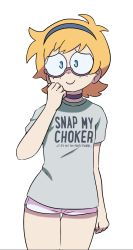 Rule 34 | 1girl, blue eyes, blue hairband, choker, clothes writing, flat chest, freckles, glasses, hair ornament, hairband, highres, little witch academia, looking at viewer, lotte jansson, malev, orange hair, print shirt, round eyewear, semi-rimless eyewear, shirt, short hair, short shorts, short sleeves, shorts, simple background, smile, snap my choker (phrase), solo, standing, white background