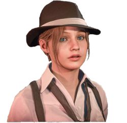 Rule 34 | 1girl, blue eyes, brown hair, claire redfield, cropped, fedora, game screenshot, hat, long hair, looking at viewer, non-web source, overalls, resident evil, resident evil 2, resident evil 2 (remake), simple background, solo, source request, transparent background, upper body, white background
