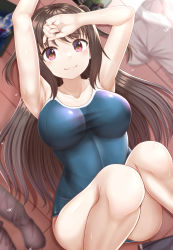 Rule 34 | 1girl, breasts, brown hair, highres, large breasts, long hair, lying, masa masa, on back, one-piece swimsuit, original, smile, solo, swimsuit