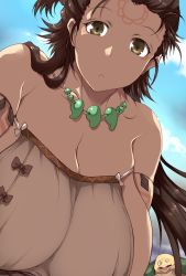 Rule 34 | 1girl, bare shoulders, blue sky, body markings, breasts, brown eyes, brown hair, cleavage, dress, facial mark, fate/grand order, fate (series), forehead, forehead mark, highres, himiko (fate), huge breasts, long hair, looking at viewer, magatama, magatama necklace, necklace, sideboob, sky, topknot, tortoise, tsukasawa takamatsu, turtle, twintails, white dress