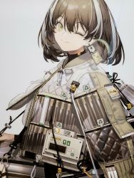 Rule 34 | 1girl, alternate costume, arknights, arrow (symbol), brown hair, closed mouth, earrings, grey hair, highres, jacket, jewelry, magallan (arknights), multicolored hair, norizc, one eye closed, recycling symbol, short hair, single earring, smile, solo, streaked hair, turtleneck, upper body, yellow eyes