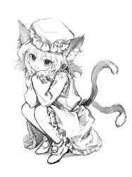 Rule 34 | 1girl, 80isiiii, absurdres, animal ear fluff, animal ears, cat ears, cat girl, cat tail, chen, commentary request, dress, earrings, fang, frilled skirt, frills, full body, greyscale, hands on own cheeks, hands on own face, hat, highres, jewelry, long hair, long sleeves, looking at viewer, mob cap, monochrome, multiple tails, open mouth, shoes, simple background, single earring, sketch, skirt, smile, solo, squatting, tail, touhou, two tails, white background